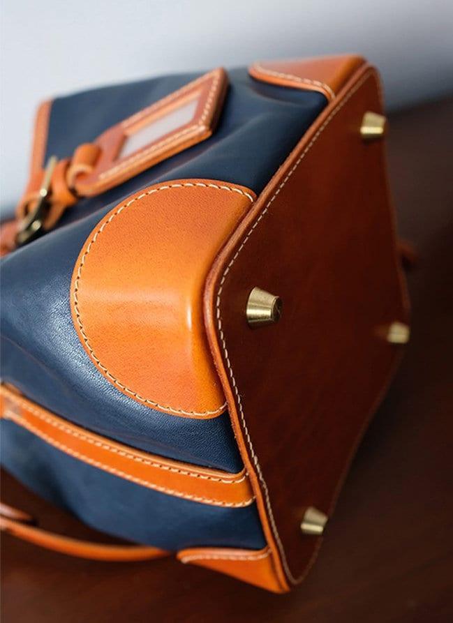 Italian Luxury Cowhide Leather Drawstring Bucket Bag, Handcrafted High-End Colliding Colours Genuine Leather Shoulder Bag Women