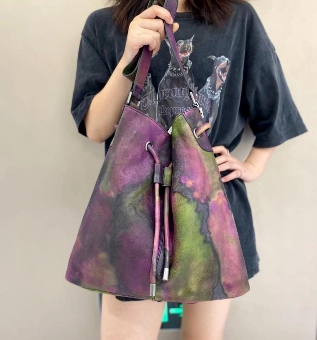 Italian Luxury Cowhide Leather Drawstring Bucket Bag in Camouflage Purple, Women Handcrafted High-End Genuine Leather Shoulder Bag