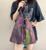 Italian Luxury Cowhide Leather Drawstring Bucket Bag in Camouflage Purple, Women Handcrafted High-End Genuine Leather Shoulder Bag