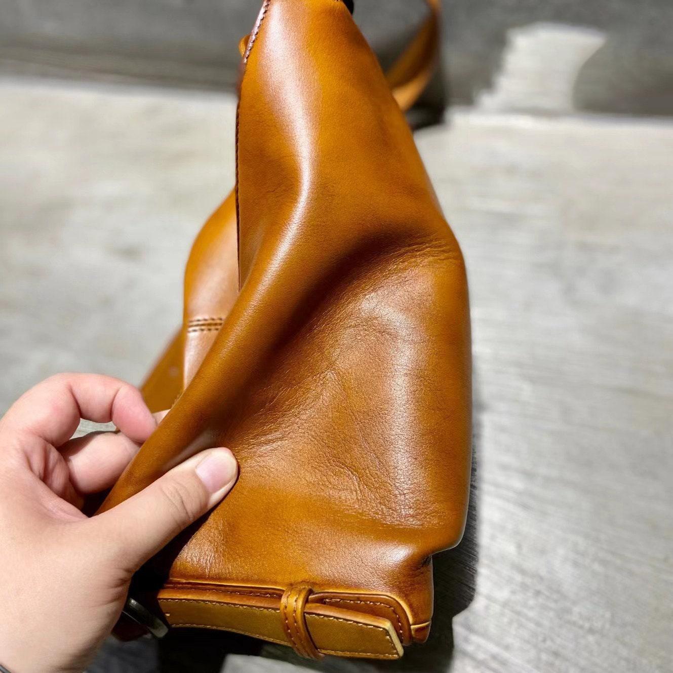 Italian Top Grain Leather Bucket Bag, Handcrafted High-End Genuine Leather Shoulder Purse, Women Bucket Crossbody, Tan, Green, Coffee, Red