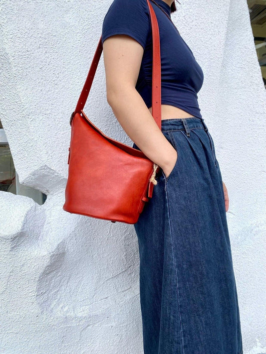 Italian Top Grain Leather Bucket Bag, Handcrafted High-End Genuine Leather Shoulder Purse, Women Bucket Crossbody, Tan, Green, Coffee, Red
