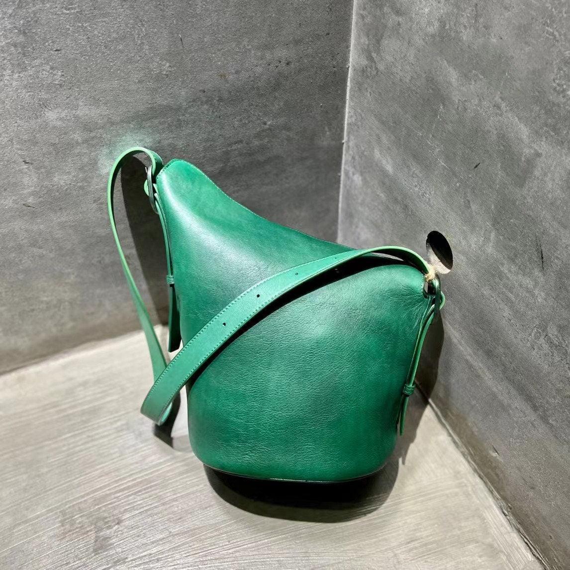 Italian Cowhide Leather Bucket Bag, Handcrafted High-End Genuine Leather Shoulder Purse, Women Bucket Crossbody, Tan, Green, Coffee, Red