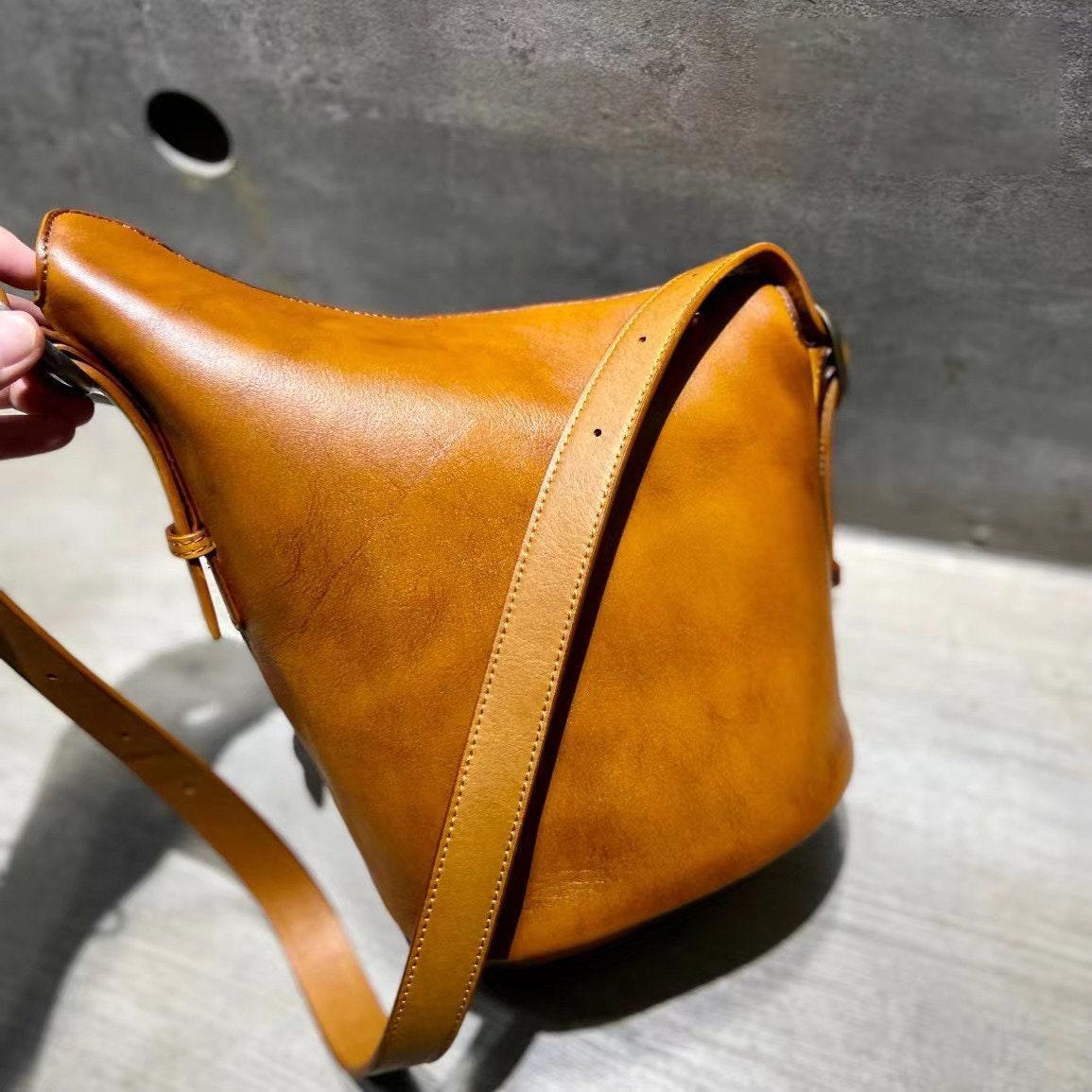 Italian Top Grain Leather Bucket Bag, Handcrafted High-End Genuine Leather Shoulder Purse, Women Bucket Crossbody, Tan, Green, Coffee, Red