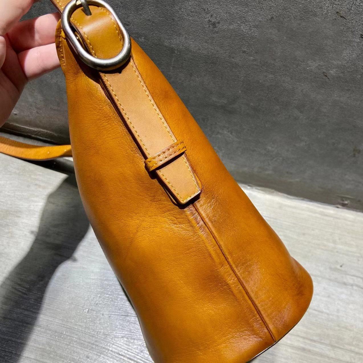 Italian Top Grain Leather Bucket Bag, Handcrafted High-End Genuine Leather Shoulder Purse, Women Bucket Crossbody, Tan, Green, Coffee, Red