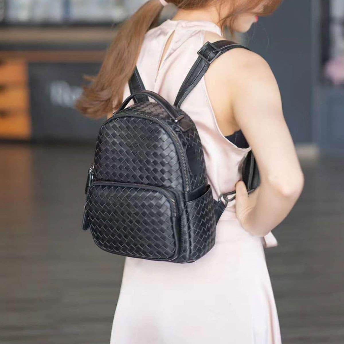 Italy Lambskin Leather Small Backpack, Hand Woven Leather Backpack, Designer Bag, Leather Quilted Elegant Shoulder Bag, Classic Backpack