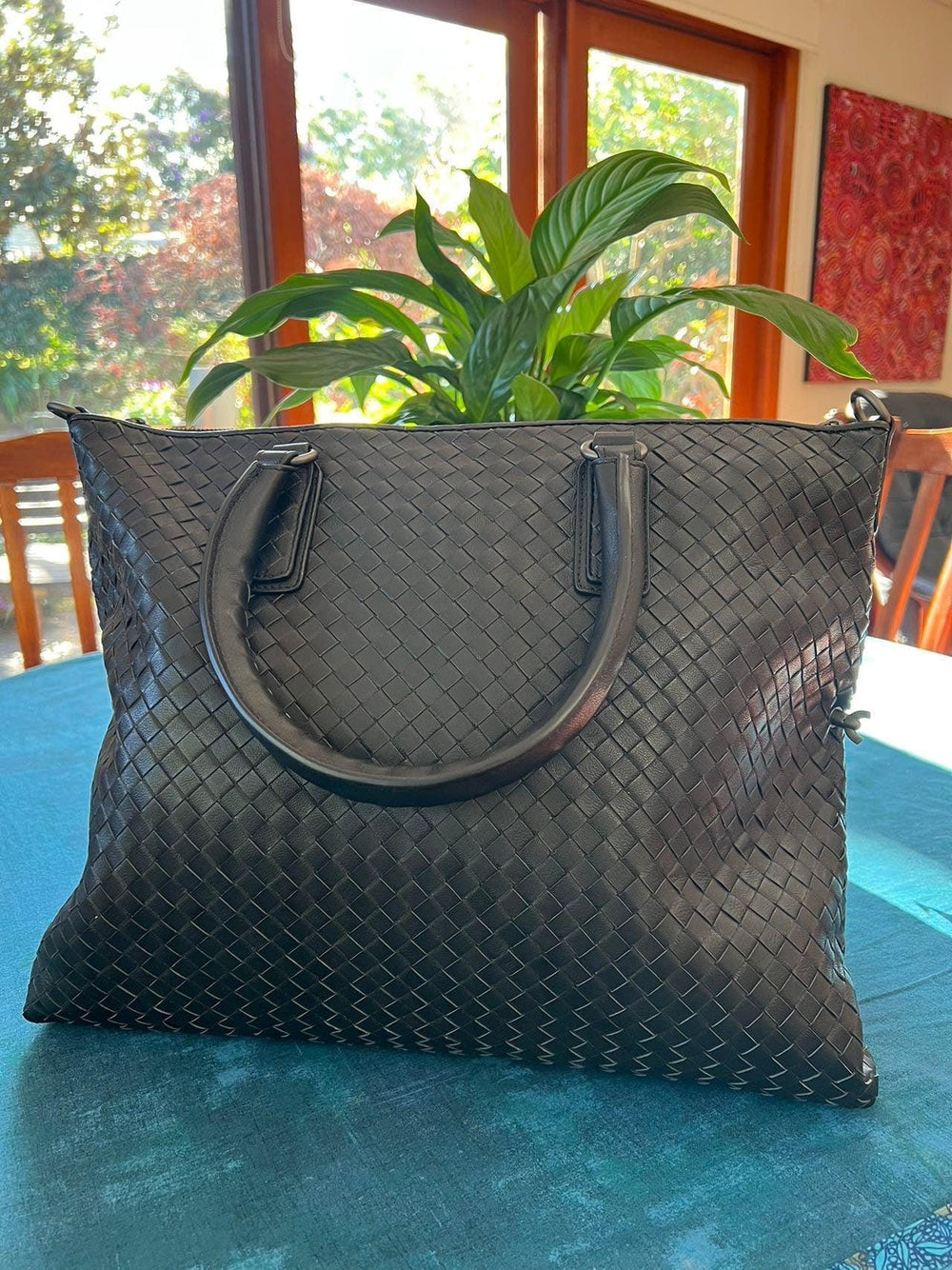 Italy Lambskin Leather Tote Black, Large Intrecciato Leather Bag, Quilted Elegant Tote in Trendy, Boutique Bag, Classic Gift to Her