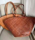 Italy Leather Woven Hobo Large Trapezoidal Tote Bag, Full Grain Leather Triple Bamboo working Bag, Summer Beach Bag, Handcrafted Basket Bag