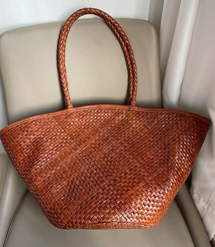 Italy Leather Woven Hobo Large Trapezoidal Tote Bag, Full Grain Leather Triple Bamboo working Bag, Summer Beach Bag, Handcrafted Basket Bag