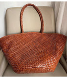 Italy Leather interwoven Hobo Large Trapezoidal Tote Bag, Full Grain Leather Triple Bamboo Bag, Summer Beach Bag, Handcrafted Basket Bag