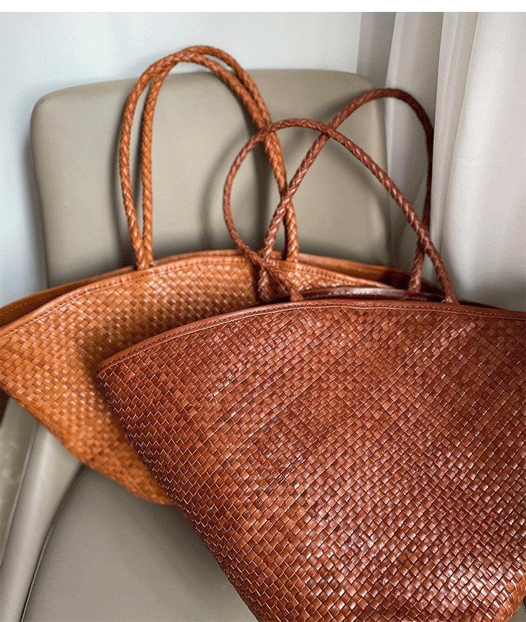 Italy Leather Woven Hobo Large Trapezoidal Tote Bag, Full Grain Leather Triple Bamboo working Bag, Summer Beach Bag, Handcrafted Basket Bag