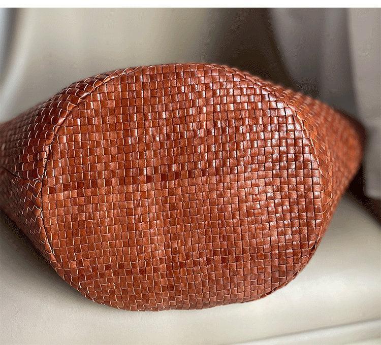 Italy Leather interwoven Hobo Large Trapezoidal Tote Bag, Full Grain Leather Triple Bamboo Bag, Summer Beach Bag, Handcrafted Basket Bag