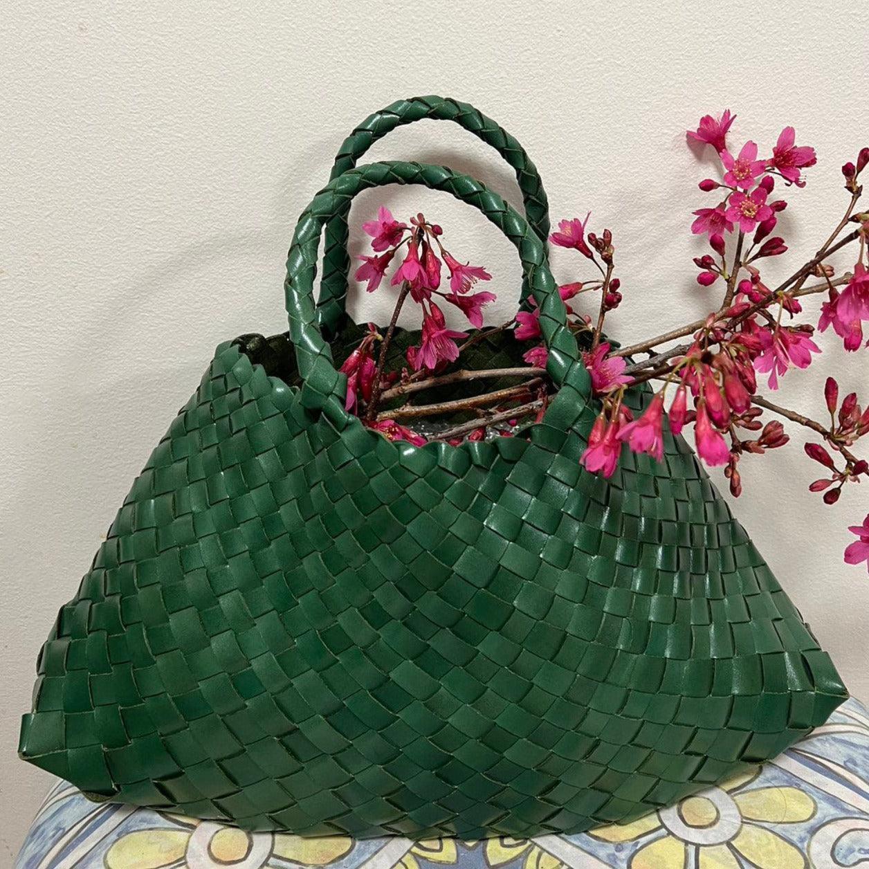 Italy Leather Woven Hobo Trapezoidal Bag, New Style Summer Beach Bag, Full Grain Leather Triple Jump Bamboo HandBag, Handcrafted Basket Bag