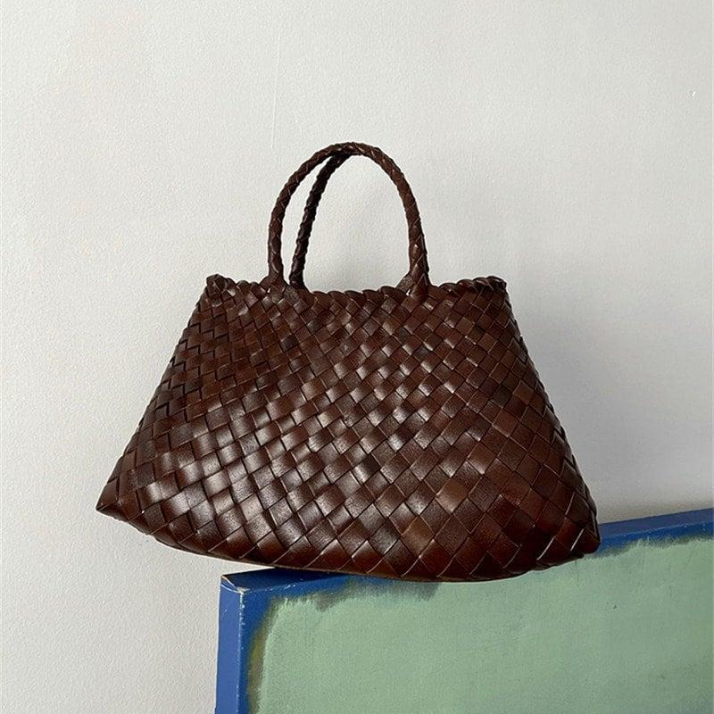 Italy Leather Woven Hobo Trapezoidal Bag, New Style Summer Beach Bag, Full Grain Leather Triple Jump Bamboo HandBag, Handcrafted Basket Bag, Coffee
