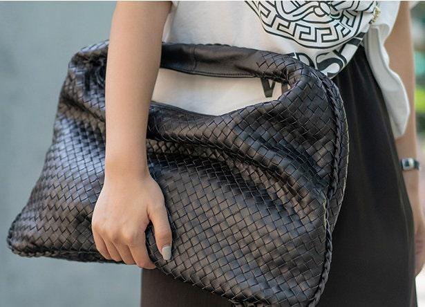 Lambskin Hobo Bag | Italian Leather Handbag | Large Handwoven Laptop Bag, Woven Dumpling Bag, Leather Tote Bag, Black, Blue Working Bag