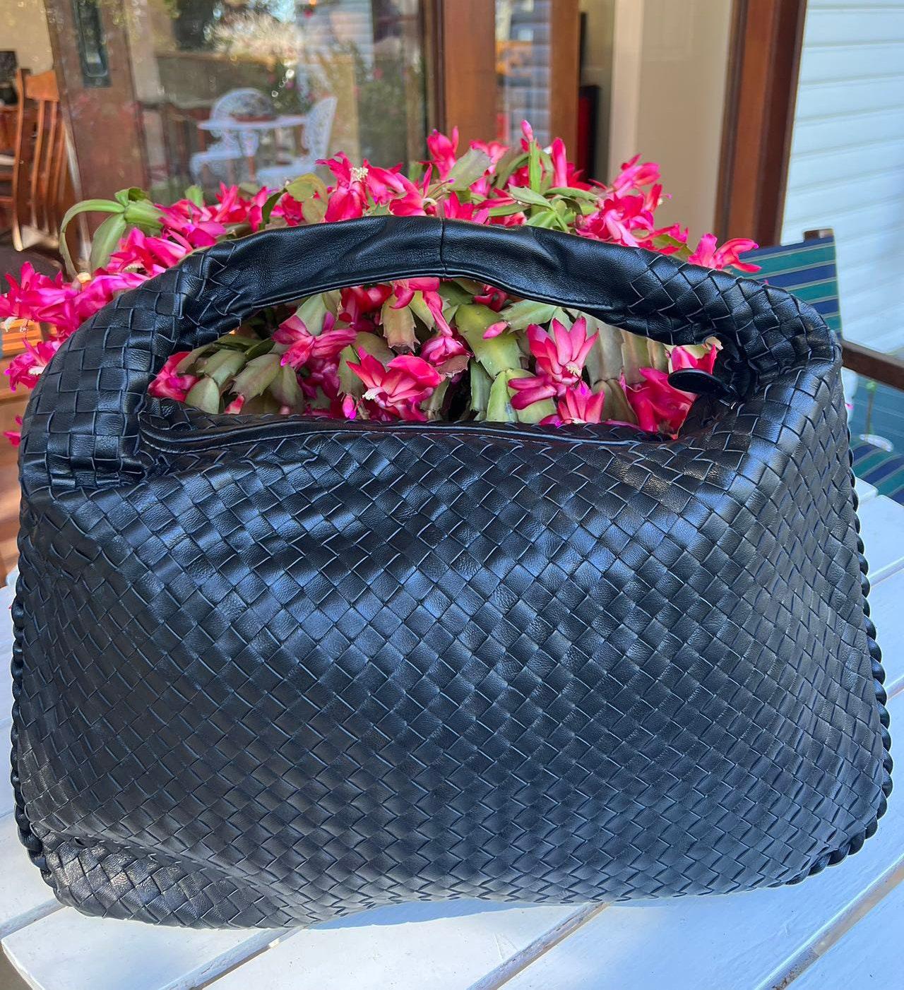 Lambskin Hobo Bag, Italian Leather Handbag, Large Handwoven Laptop Bag, Woven Dumpling Bag, Leather Tote Bag, Black, Blue Working Bag