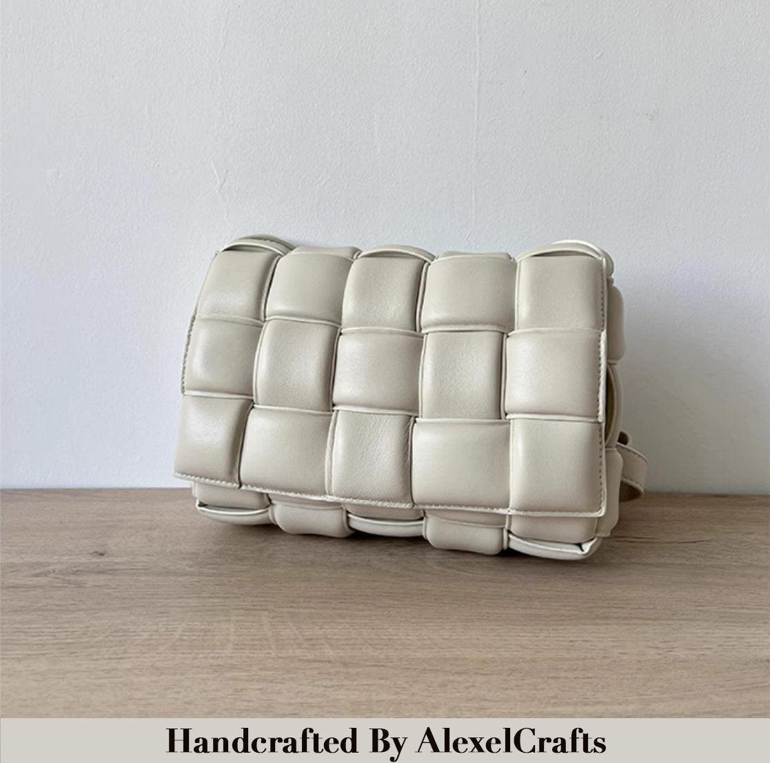 Lambskin Leather Quilted Elegant Shoulder Bag, Small Handwoven Leather Bag, Trendy Boutique Designer Bag, Classic Style Leather Bag, Gift, Beige