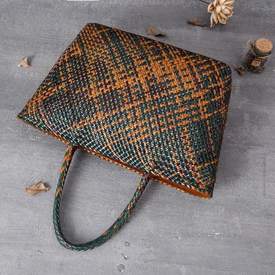 Large Genuine Leather Tote Bag, Woven Leather Handbag | Handwoven Triple Jump Bamboo Style Ladies Hobo Beach Bag, Weekend Shopping Bag