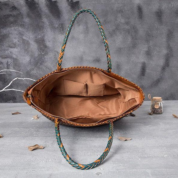 Large Genuine Leather Tote Bag, Woven Leather Handbag | Handwoven Triple Jump Bamboo Style Ladies Hobo Beach Bag, Weekend Shopping Bag