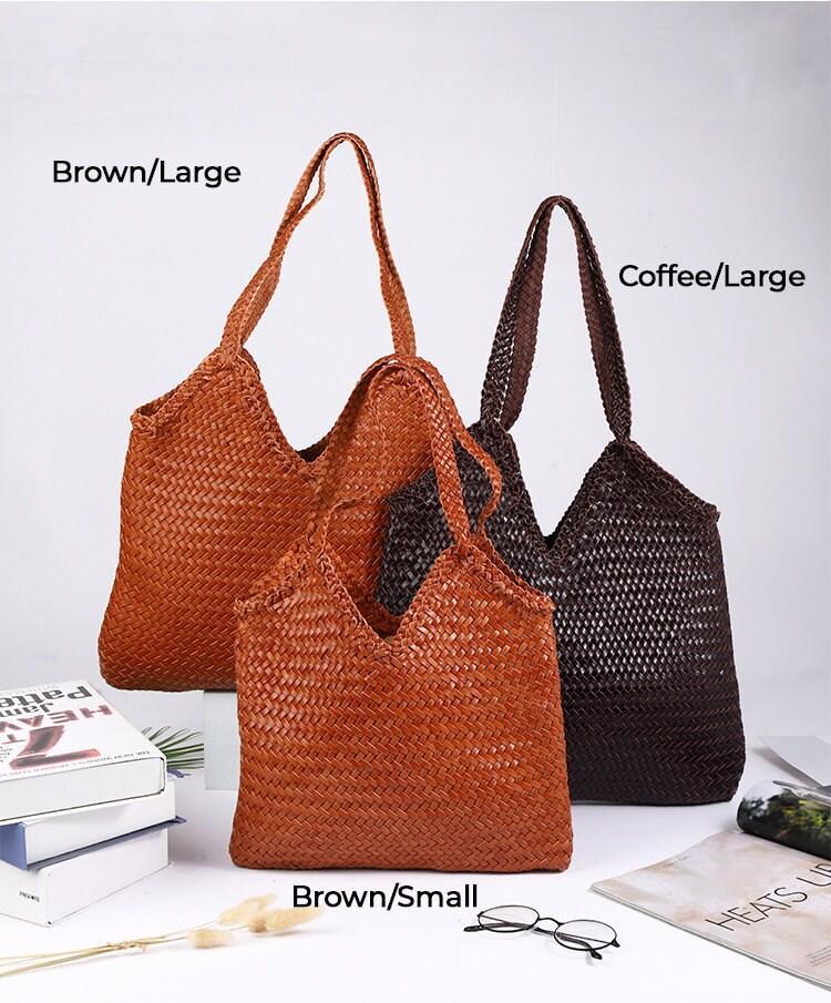 Large Italy Leather interwoven Hobo Tote Bag, Full Grain Leather Triple Bamboo Bag, Summer Beach Bag, Handcrafted Designer Basket Bag
