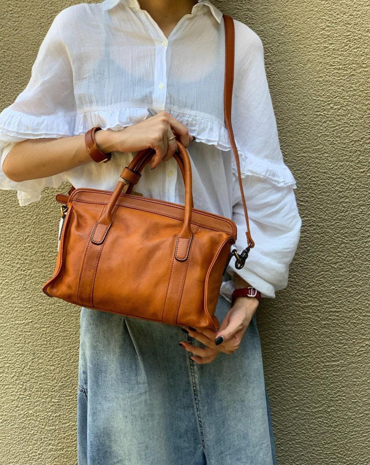 Leather Boston Bag, 5 Colours Leather Handbag, Handmade Leather Shoulder Bag, Woman's Brown, Red, or Black, Coffee, Green Leather Bag