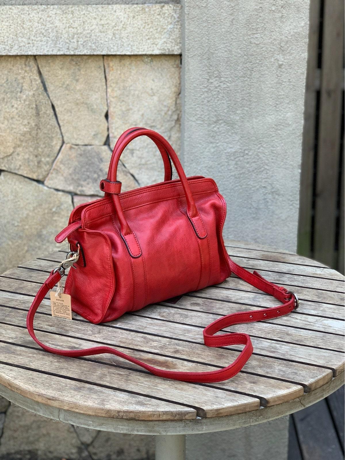 Leather Boston Bag, 5 Colours Leather Handbag, Handmade Leather Shoulder Bag, Woman's Brown, Red, or Black, Coffee, Green Leather Bag
