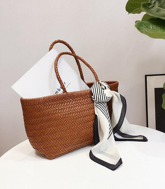 Leather Handbag Genuine Leather Bag Woven Leather Handbag | Hand Woven Triple Jump Bamboo Style Ladies Hobo Holiday Bag, Weekend Basket Bag
