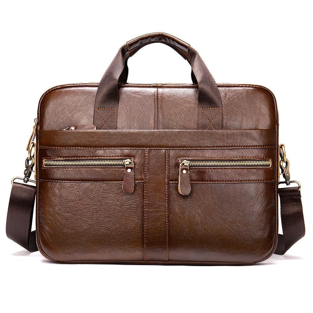 Brown leather laptop shoulder bag with dual handles, front zippered pockets, and detachable strap
