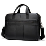 Black leather shoulder laptop bag with top handles, front zipper pocket, and detachable strap