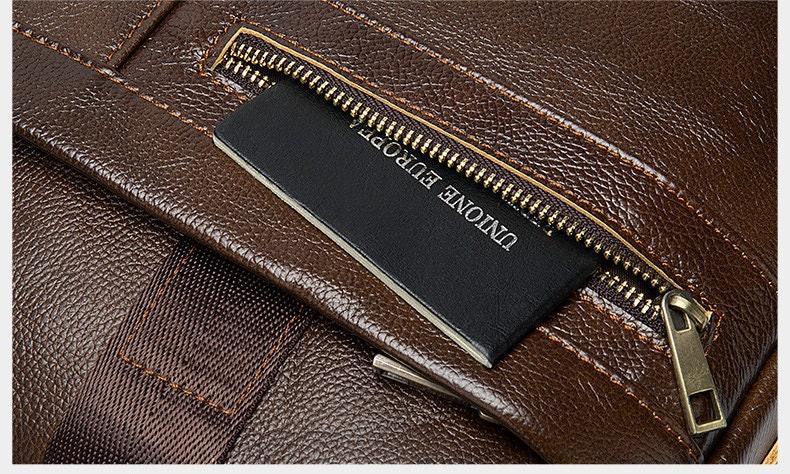 Brown leather shoulder bag with zip pocket, showing close-up detail and passport storage.