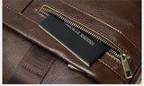 Brown leather shoulder bag with zip pocket, showing close-up detail and passport storage.
