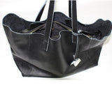 Black full grain leather tote bag with zipper pouch and long handles, open top view