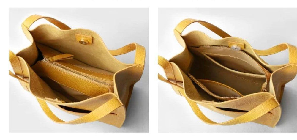 Interior view of yellow grain cowhide leather tote bag with zippered compartment and pockets
