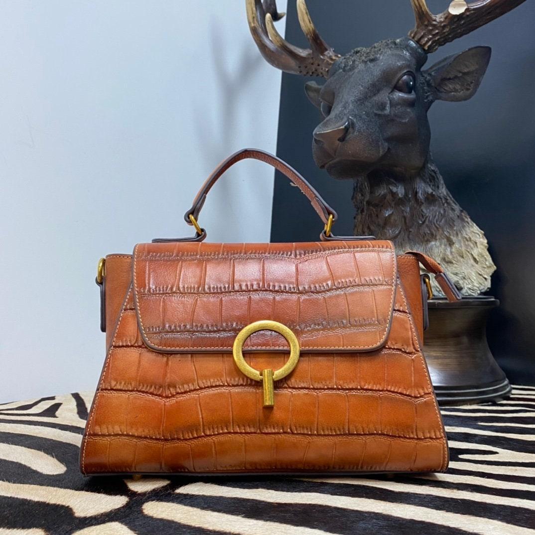 Medium leather minimal Box shoulder bag, Crocodile square bag, Handcrafted crossbody bag, gift for women, everyday bag, Red/Brown