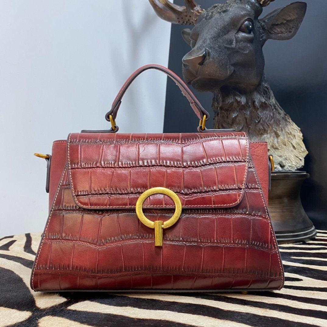 Medium leather minimal Box shoulder bag, Crocodile square bag, Handcrafted crossbody bag, gift for women, everyday bag, Red/Brown