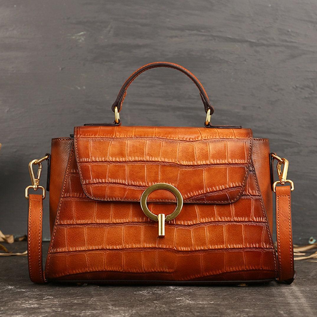 Medium leather minimal Box shoulder bag, Crocodile square bag, Handcrafted crossbody bag, gift for women, everyday bag, Red/Brown