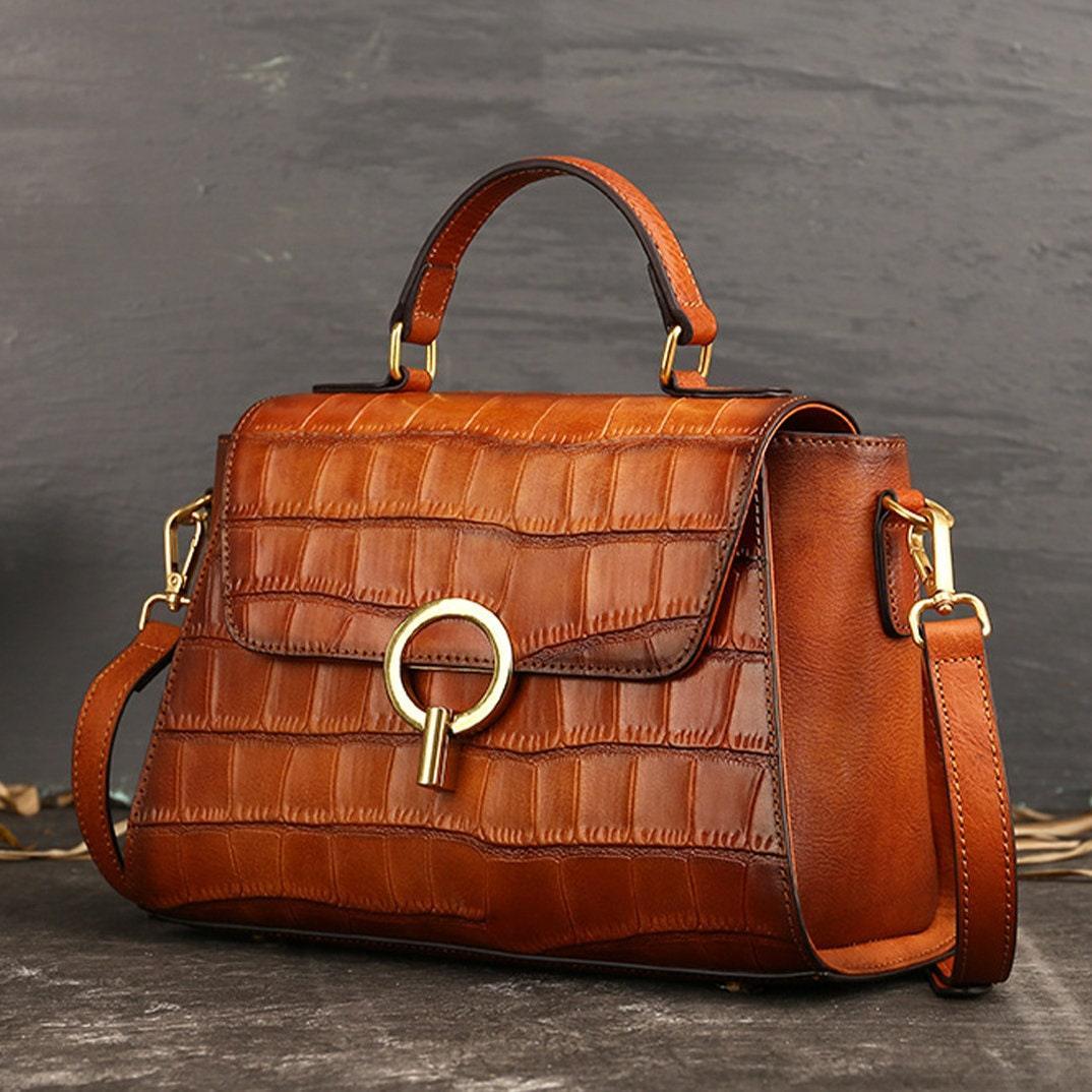 Medium leather minimal Box shoulder bag, Crocodile square bag, Handcrafted crossbody bag, gift for women, everyday bag, Red/Brown