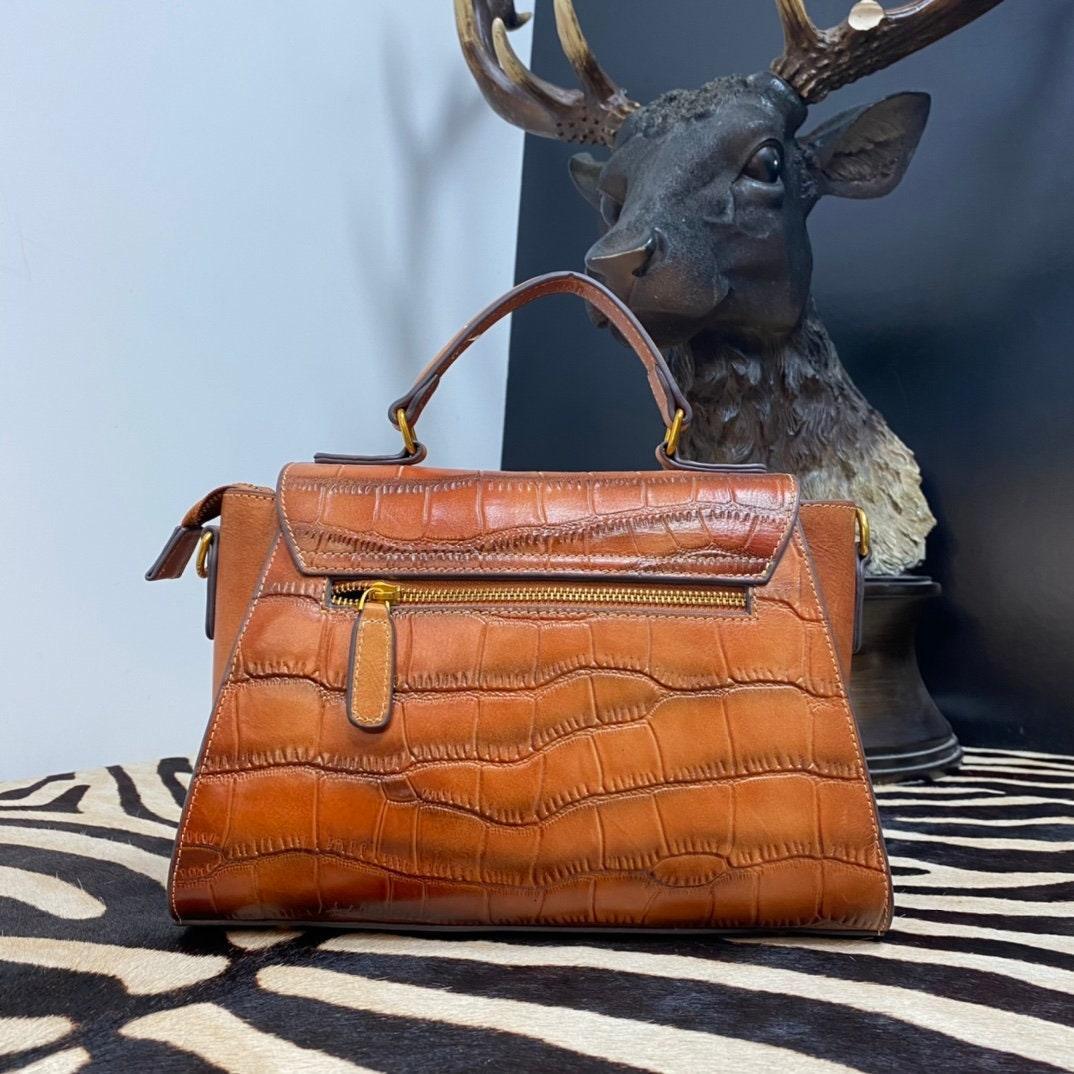 Medium leather minimal Box shoulder bag, Crocodile square bag, Handcrafted crossbody bag, gift for women, everyday bag, Red/Brown