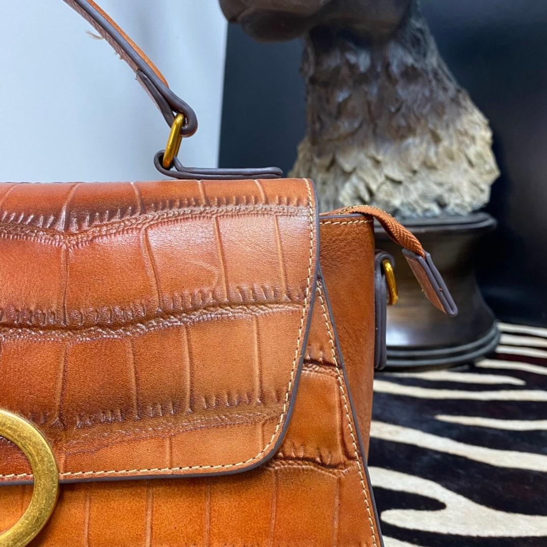 Medium leather minimal Box shoulder bag, Crocodile square bag, Handcrafted crossbody bag, gift for women, everyday bag, Red/Brown