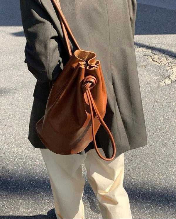 beulah leather drawstring backpack Minimalist Leather Drawstring Bucket Bag, 3 in 1 Cowhide Leather Bucke –  Alexel Crafts