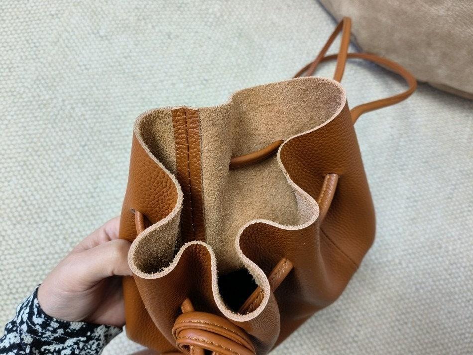 Minimalist Leather Drawstring Bucket Bag, 3 in 1 Cowhide Leather Bucket Backpack, Women Shoulder Bag, Designer Tote Bag, Gift For Her/Him