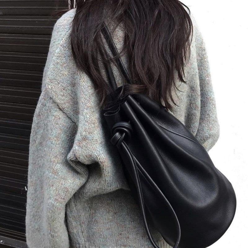 Minimalist Leather Drawstring Bucket Bag, 3 in 1 Cowhide Leather Bucket Backpack, Women Shoulder Bag, Designer Tote Bag, Gift For Her/Him