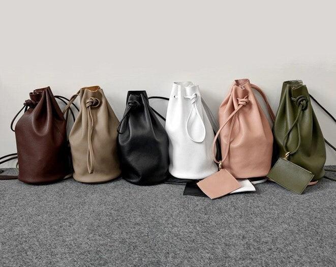 Minimalist Leather Drawstring Bucket Bag, 3 in 1 Cowhide Leather Bucket Backpack, Women Shoulder Bag, Designer Tote Bag, Gift For Her/Him