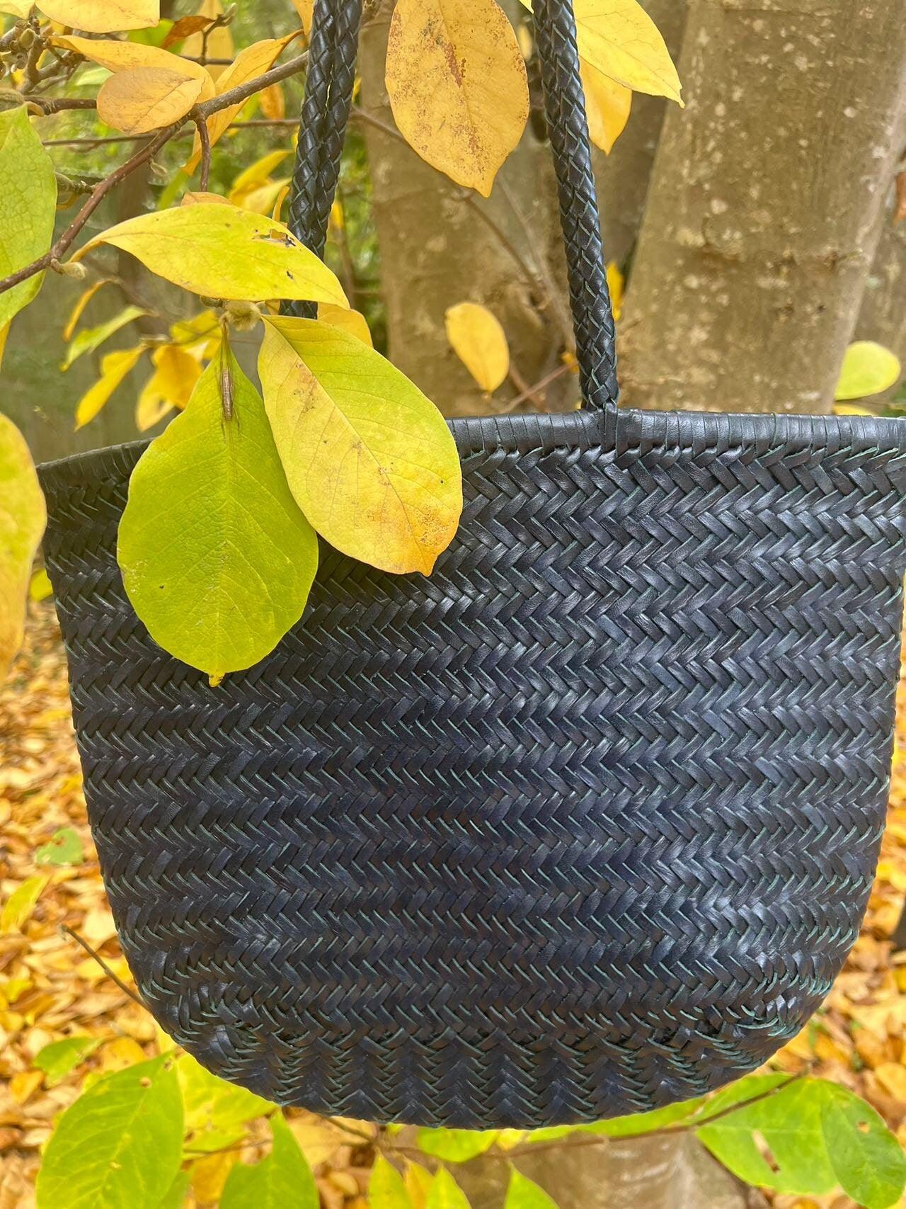 Navy Handcrafted Woven Leather Tote Bag, Full Grain Leather Hand Woven Triple Jump Bamboo Ladies HoBo Bag, Flat Opening Summer Holiday Bag