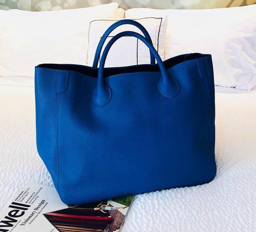 Oversize Large Leather Tote Bag, Cowhide Leather Bag, Lady Fashion Bag Blue, Personalized gifts