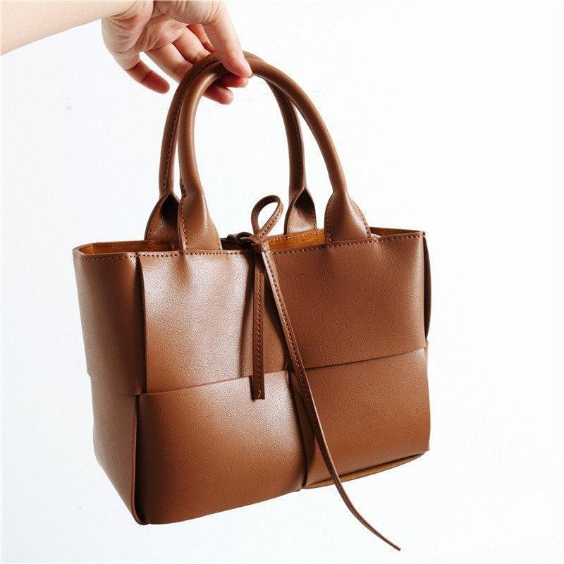 Quilted Elegant Leather Shoulder Bag Small , Minimalist Top Handle Bag, Convertible Crossbody Bag, Classic Style Soft Leather Work Bag