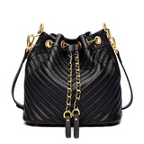 Quilted Leather Bucket Bag, Calf Leather Drawstring Fastening Shoulder Bag, Classic Wide Strap Shoulder Purse, Multiple Carry Leather Bag