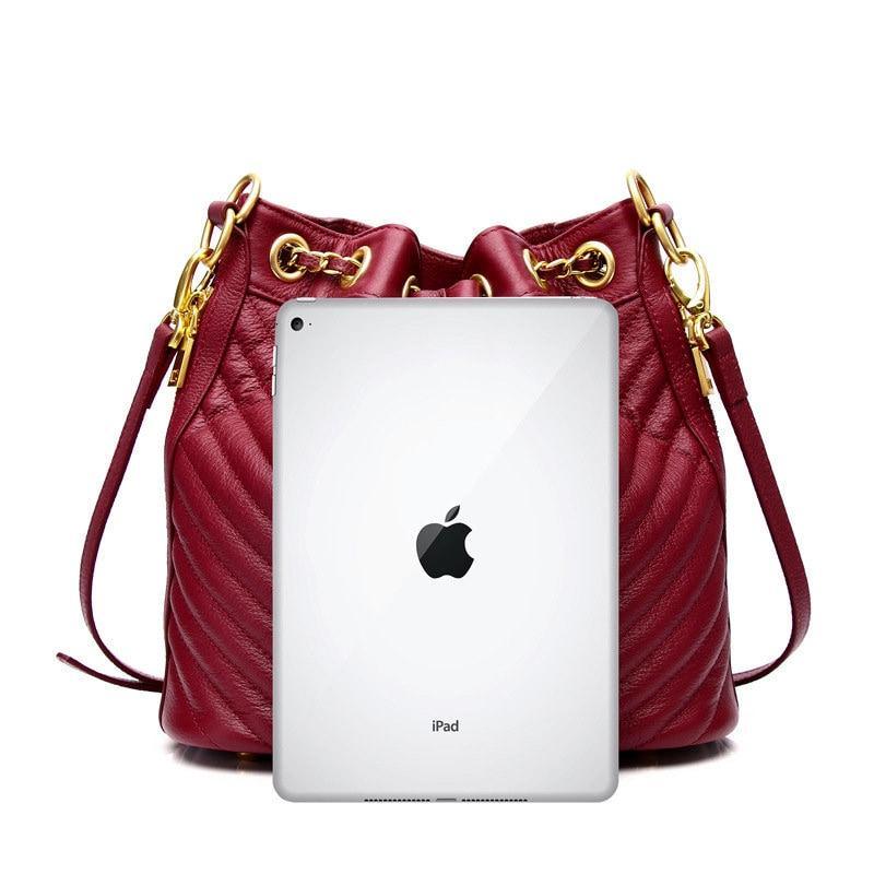 Quilted Leather Bucket Bag, Calf Leather Drawstring Fastening Shoulder Bag, Classic Wide Strap Shoulder Purse, Multiple Carry Leather Bag