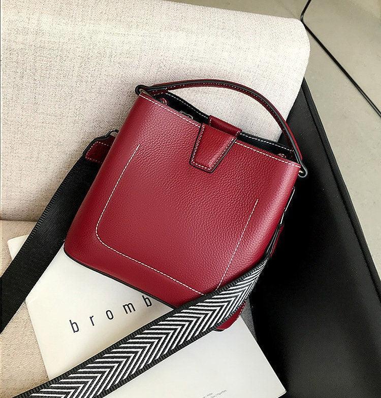 Real Genuine Leather Square bucket bag, Leather Small Crossbody Purse, Women's Shoulder Bag, Women Fashion Bag, Mother's Day Gift