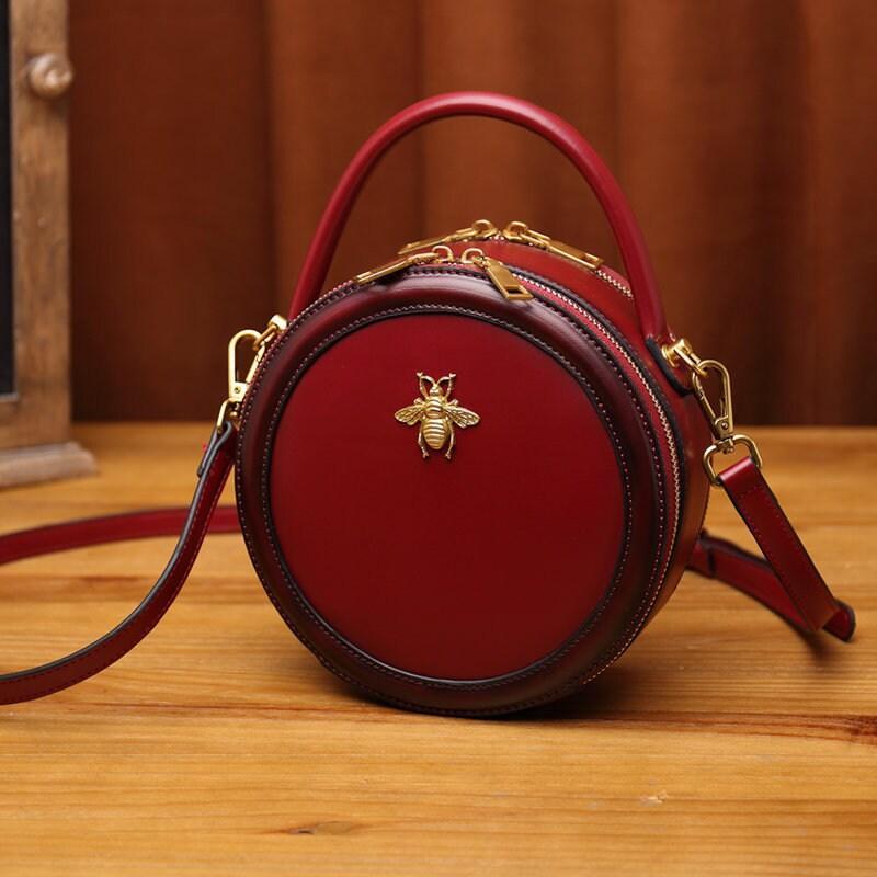 Round Cowhide Leather Bag, Leather Women's Purse, Retro Bag, Chic Shoulder Bags, Handbags, Fashionable Round Bags, Gift for Her, Red, wine