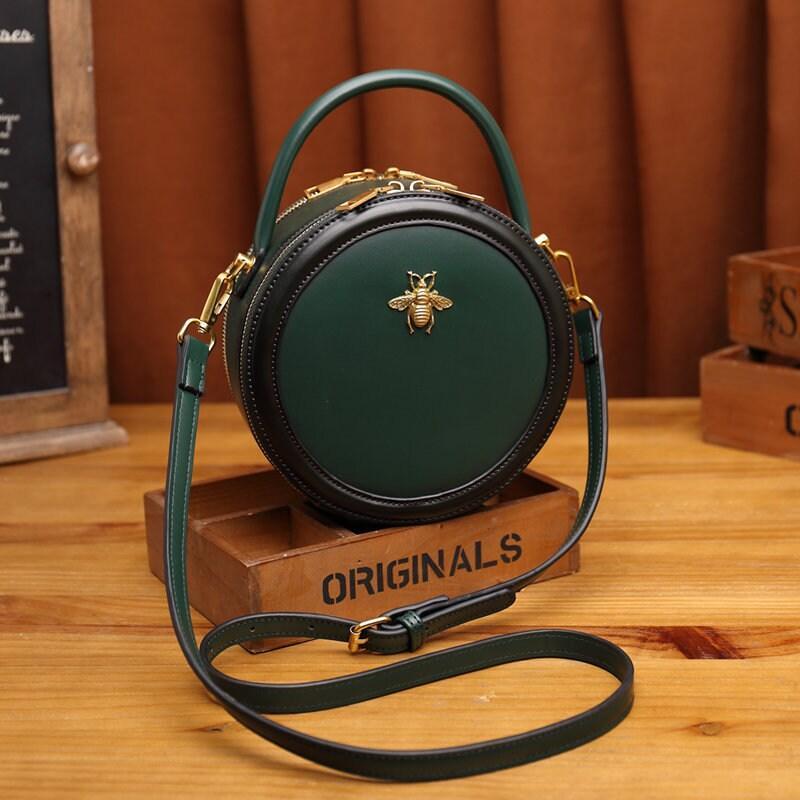 Round Cowhide Leather Bag, Leather Women's Purse, Retro Bag, Chic Shoulder Bags, Handbags, Fashionable Round Bags, Gift for Her, Green